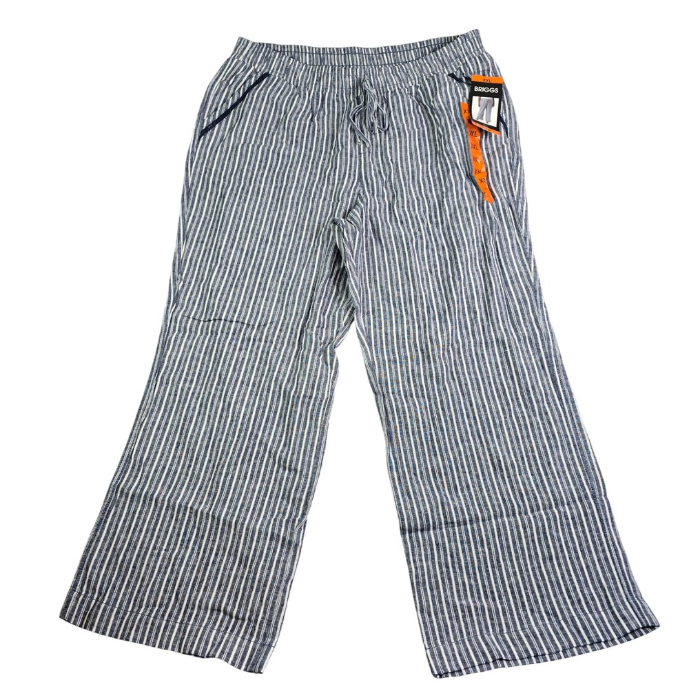 Briggs Linen Blend Pull On Pants Women XXL Blue White Striped Wide Leg Palazzo